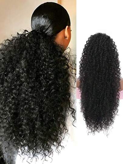 黑色抽绳水波马尾辫抽绳马尾辫深卷曲耐热合成即时夹马尾接发保护风格非洲小卷抽绳马尾辫卷发女士发片