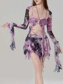 Women Y2k Butterfly Outfit 3 Piece Backless Long Sleeve Crop Top Mini Skirt Sets Rave Festival Fairy Streetwear Fairycore Beach Club - 紫色 - 查看 6