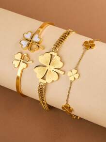 1pc Elegant & Refreshing Stainless Steel Hollow Clover Charm Chain Bracelet, Suitable For Women's Daily Wear Or Party, Great Gift For Festivals - Yellow Gold - View 10