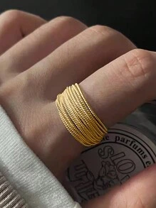 BALMORA 1 件 S925 纯银独特线条金指环女士珠宝手指可调节开口复古戒指适合派对生日礼物 - 金色 - 查看 3