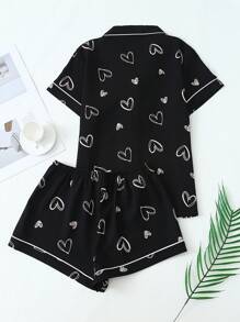 [Elegant Fields]Heart Print Contrast Piping PJ Set - Black - View 2