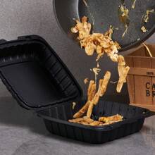 150 Pack 8x8", Single Compartment Disposable Takeaway Box Containers, Heavy Duty To-Go Disposable Lunch Box, Plastic Flip Top Takeaway Food Trays, Microwavable, Cut Resistant, Stable Hinged Lid, Black - 黑色-8*8in - 查看 4