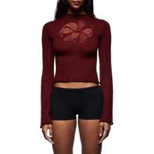 Women Crochet Knit Top Vintage Y2K Graphic See Through Cropped Slim Fit Sweater Long Sleeve Mock Neck Flower Printed Hallow Out Pullover Lightweight Ruched Layer Basic Blouse Warm Sweater For Fall Winter - 紅色 - 查看 1