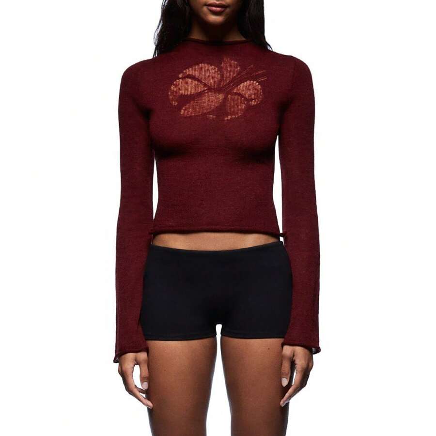 Women Crochet Knit Top Vintage Y2K Graphic See Through Cropped Slim Fit Sweater Long Sleeve Mock Neck Flower Printed Hallow Out Pullover Lightweight Ruched Layer Basic Blouse Warm Sweater For Fall Winter - 紅色 - 查看 1