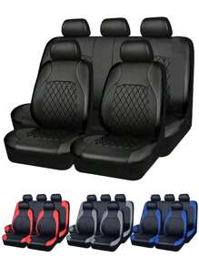 9pcs Universal Luxury Quilted PU Leather Car Seat Covers For 5-Seater Vehicles, Split Front And Rear Bench Seat,Airbag Compatible, Breathable, Anti-Slip Cushion Protector For Car, SUV, Sedan, Van, Automotive Interior Covers, Airbag Compatible, 9PCS Included : 2 Front Seat Covers, 1 Backrest Cover, 1 Back Seat Cover And 5 Headrest Covers.