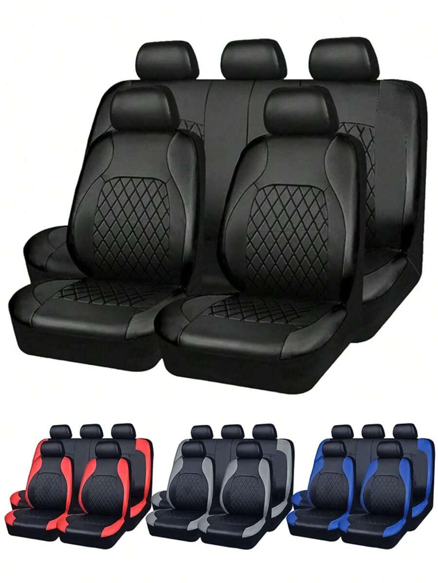 9pcs Universal Luxury Quilted PU Leather Car Seat Covers For 5-Seater Vehicles, Split Front And Rear Bench Seat,Airbag Compatible, Breathable, Anti-Slip Cushion Protector For Car, SUV, Sedan, Van, Automotive Interior Covers, Airbag Compatible, 9PCS Included : 2 Front Seat Covers, 1 Backrest Cover, 1 Back Seat Cover And 5 Headrest Covers.