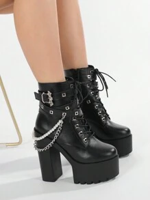 Gdgydh Platform Thick Heel Waterproof Pearl Chain Punk Style Lace-Up Bat Buckle Ankle Boots For Women - Black - View 3