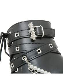 Gdgydh Platform Thick Heel Waterproof Pearl Chain Punk Style Lace-Up Bat Buckle Ankle Boots For Women - Black - View 11