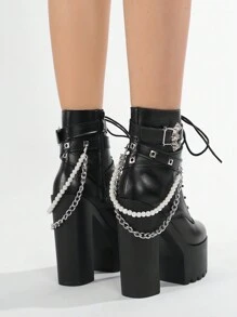 Gdgydh Platform Thick Heel Waterproof Pearl Chain Punk Style Lace-Up Bat Buckle Ankle Boots For Women - Black - View 6