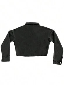 Women's Denim Short Coat Solid Color Long Sleeve Lapel Jacket Button Down Distressed Hem Crop Jeans Coat