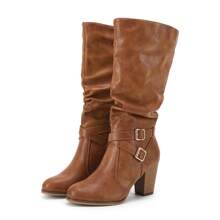 Womens Mid Knee High Boots Chunky Heel Slouchy Metal Buckle Side Zipper Fashion Winter Shoes - Brown - View 4