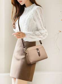 Women Solid Color PU Vertical Multi-Layer Stylish Shoulder Crossbody Bag - Khaki - View 7