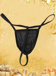 Custom Men Black Net Trim Thong Underwear, Personalized Face ID Print Sexy Breathable Lingerie, Intimate Valentine's Day Gift