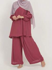 女士纯色长袖上衣和长裤 2 件套