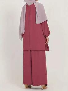 女士纯色长袖上衣和长裤 2 件套