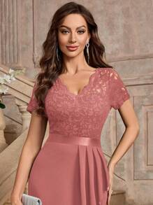 MIUSOL Floral Lace V-Neck Ruffle Trim Wrap Hem Cocktail Party Bodycon Dress, Wedding Guest Dress - Dusty Pink - View 8