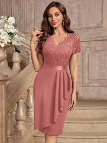 MIUSOL Floral Lace V-Neck Ruffle Trim Wrap Hem Cocktail Party Bodycon Dress, Wedding Guest Dress - Dusty Pink - View 5