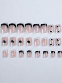 情人节按压指甲短方形法式假指甲带心形闪光设计假指甲黑白法式尖头胶钉全覆盖光泽情人节粘贴指甲女士 24 件