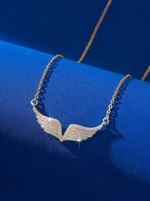 1pc Copper Cubic Zirconia V-Shaped Angel Wing Pendant Necklace, Charming Luxury Fashion Delicate Design Choker Chain Necklace For Women, Party Decor