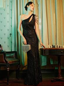 Women's Sequin Prom Dress - One Shoulder Maxi Dress Gowns And Evening Dresses For Party Wedding Guest - Black - View 1