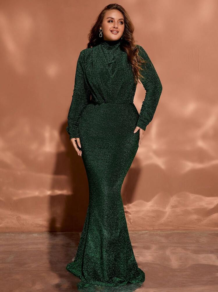 Green Long Sleeve Stand Collar Woven Plus Size Maxi Formal Evening Gown |  SHEIN USA
