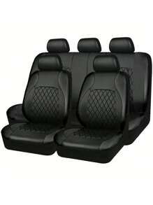 9pcs Universal Luxury Quilted PU Leather Car Seat Covers For 5-Seater Vehicles, Split Front And Rear Bench Seat,Airbag Compatible, Breathable, Anti-Slip Cushion Protector For Car, SUV, Sedan, Van, Automotive Interior Covers, Airbag Compatible, 9PCS Included : 2 Front Seat Covers, 1 Backrest Cover, 1 Back Seat Cover And 5 Headrest Covers.