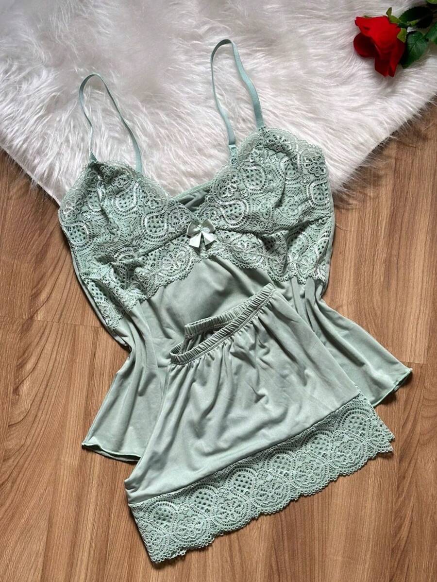 Short Doll Women's Pajama Set/ Two-Tone Lace - Mint Green - View 1