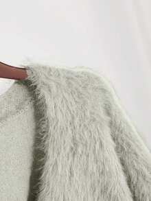 Áo khoác cardigan nữ cổ chữ V dài tay một hàng khuy đơn màu trơn, lông giả, mặc thu/đông, áo nữ - Màu Xám nhạt - Xem 4