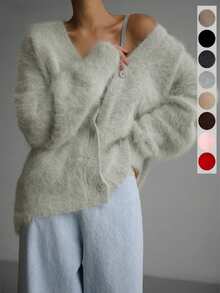 Áo khoác cardigan nữ cổ chữ V dài tay một hàng khuy đơn màu trơn, lông giả, mặc thu/đông, áo nữ - Màu Xám nhạt - Xem 2