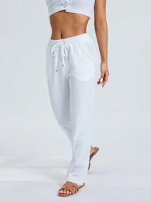 Women's Loose Trousers Casual Solid Color Wide-Leg Trousers Drawstring Design Fashion Bottoms Long Pants - 白色 - 查看 4