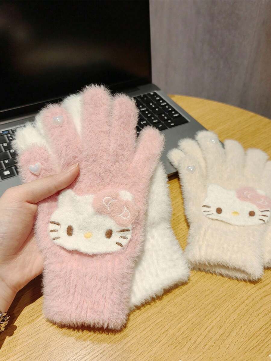 Sanrio 1 Par de Luvas Cartoon Hello Kitty, Forro Térmico Grosso, Fofo, à Prova de Vento, Adequado para Ciclismo no Outono e Inverno