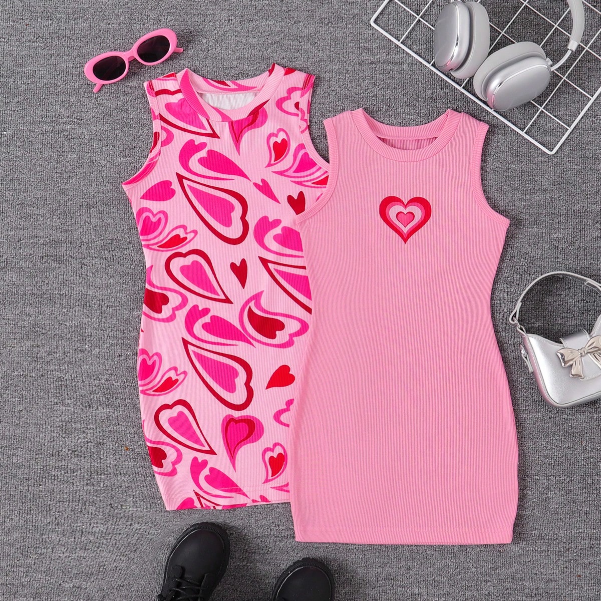 Set de 2 vestidos casuales sin mangas con estampado de corazón y acanalado para niñas, para uso al aire libre