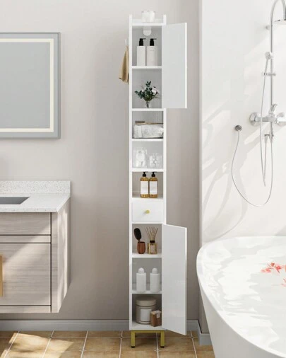 HaluPeit Gabinete alto para baño, gabinete de baño, portarrollos de papel higiénico alto con 2 puertas y cajón, compartimento abierto, gabinete de baño con estante ajustable para espacios pequeños, decoración de baño blanca para el hogar, organizador de baño, accesorios de baño de verano, muebles