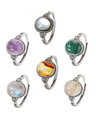 1pc 10*8mm Oval Natural Amber Moonstone Ring Amethyst/Malachite/Crystal Black Abalone Shell S925 Sterling Silver Vintage Gorgerous Gems Men Women's Ring Pull-Pull Adjustable Design Ring Party Birthday Gift Fashion Jewelry Accessories Suitable For Any Occasion