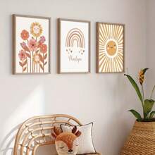 3pcs Set Customized Name Wall Art Poster, Sunflower And Rainbow Print Canvas Wall Hanging, Unframed Personalized Nursery Decor For Kids Room, Boho Watercolor Art - 3pcs - View 3