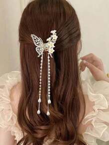 1件装女士金属蝴蝶山茶花人造珍珠流苏发夹，适合半扎发造型，时尚发饰，适合日常休闲装扮，优雅大方。金色发夹，发爪夹，发卡，发夹，发夹，发卡，发夹，发卡，发夹，发卡，发卡，秋冬发饰，适合度假装扮，夏季花朵发夹 - 金色 - 查看 5