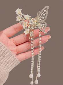 1件装女士金属蝴蝶山茶花人造珍珠流苏发夹，适合半扎发造型，时尚发饰，适合日常休闲装扮，优雅大方。金色发夹，发爪夹，发卡，发夹，发夹，发卡，发夹，发卡，发夹，发卡，发卡，秋冬发饰，适合度假装扮，夏季花朵发夹 - 金色 - 查看 2