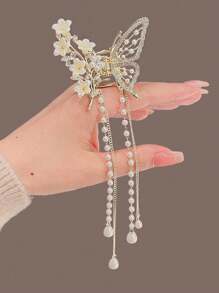 1件装女士金属蝴蝶山茶花人造珍珠流苏发夹，适合半扎发造型，时尚发饰，适合日常休闲装扮，优雅大方。金色发夹，发爪夹，发卡，发夹，发夹，发卡，发夹，发卡，发夹，发卡，发卡，秋冬发饰，适合度假装扮，夏季花朵发夹 - 金色 - 查看 4