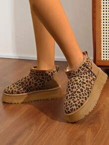 Botas de nieve con estampado de leopardo de moda, de suela gruesa y cortas para el invierno - Marrón - Ver 3