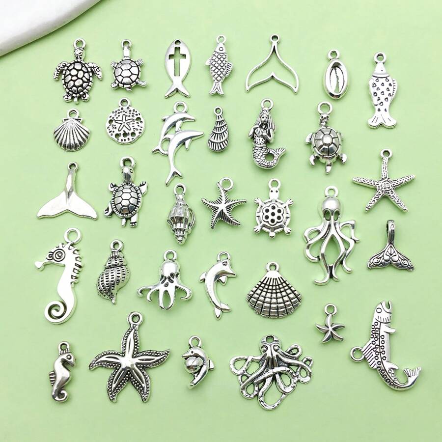 32 件混合仿古银海洋生物海星饰品散装夏季珠宝项链耳环手链制作 DIY 工艺配件