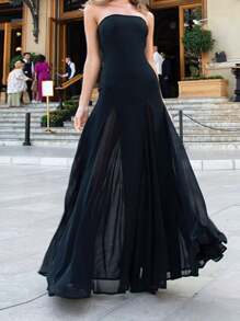 WOWDARK Women's Autumn Solid Color Casual Long Tube Top Mesh Dress - Black - View 5