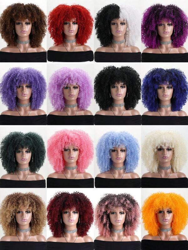 16" Short Curly Afro Kinky Wig, Multi-Color Fluffy Synthetic Fiber Wig, Suitable For Daily Wear, Holiday, Wedding, Birthday, Party, Halloween Costume