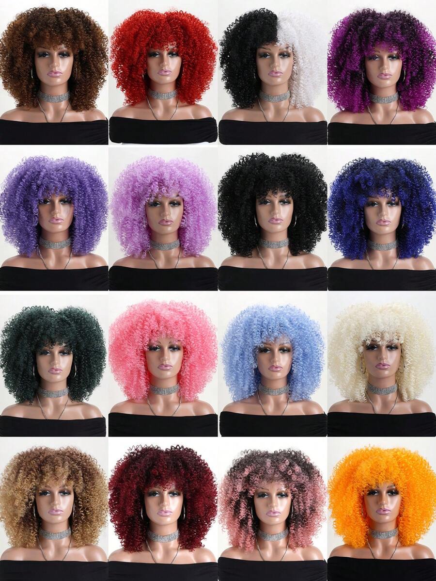 16" Short Curly Afro Kinky Wig, Multi-Color Fluffy Synthetic Fiber Wig, Suitable For Daily Wear, Holiday, Wedding, Birthday, Party, Halloween Costume - 彩色 - 查看 1