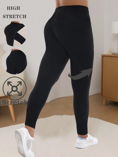 Women's Plus Size Black Leggings, European & American Casual Fashion Outdoor Sports Fitness Pants, Soft & Comfortable With High Elasticity, Suitable For Home, Yoga, Beach, Music Festival, Camping, Hiking, Cycling, Cropped