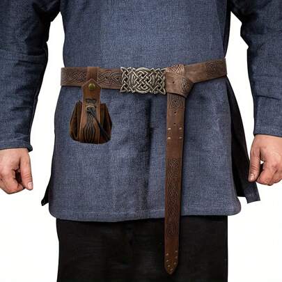2pcs Set Renaissance Medieval Viking Costumes & Accessories, Embossed PU Leather Belt & Drawstring Bag, For Halloween LARP Party, Photography, Stage Performance