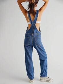Women Denim Long Jumpsuit Casual Spaghetti Strap Wide Leg Romper Pants Summer Baggy Bib Overalls - 深藍色 - 查看 4