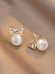 1pair Sweet & Elegant & Luxurious Mermaid Princess Style Faux Pearl & Rhinestone Decor Bow Shaped Alloy Stud Earrings For Women, Daily Wear.It Is Also A Bride's Earring And Wedding Accessory Valentine's Day