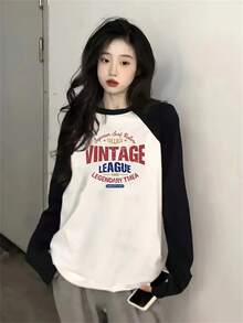 女士休闲百搭日文文字图形印花宽松圆领长袖 T 恤，春夏 - 白色 - 查看 2