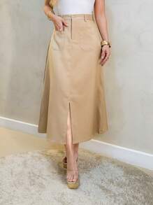 Monochromatic Long Tailored Skirt With Side Pockets And Zipper And Button Details/M5507 - 卡其色 - 查看 1