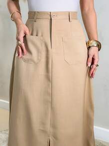 Monochromatic Long Tailored Skirt With Side Pockets And Zipper And Button Details/M5507 - 卡其色 - 查看 4
